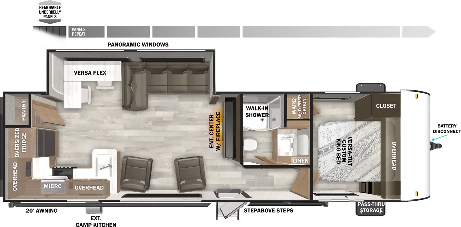 The Salem 27RK has one entry and one slide out. Exterior features include: metal or fiberglass exterior, 20' awning and outside kitchen. Interiors features include: rear kitchen and front bedroom.